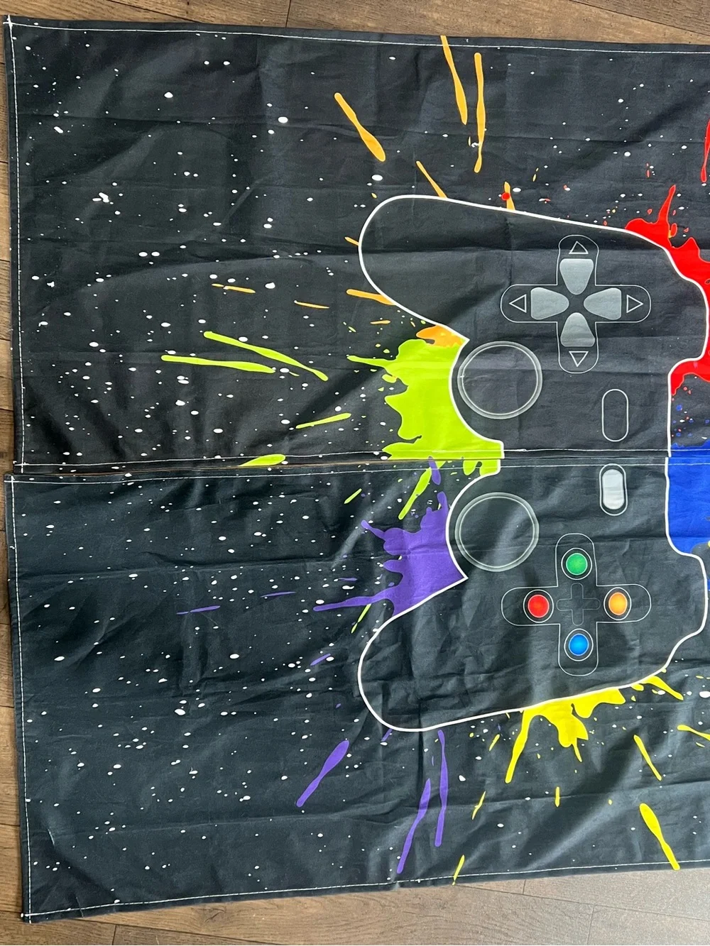 Black Gaming Controller Print Wall Tapestry with Colorful Paint Splashes
